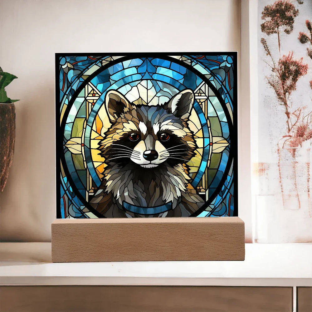 Stained Glass Raccoon Acrylic LED Light Plaque – Custom Animal Art Gift with Wooden Base