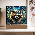 Stained Glass Raccoon Acrylic LED Light Plaque – Custom Animal Art Gift with Wooden Base