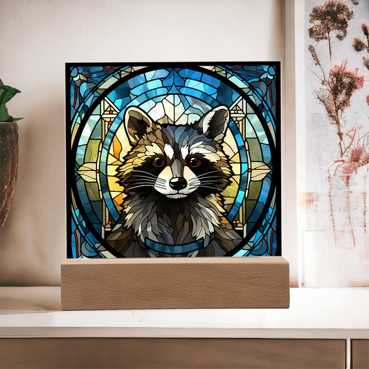 Stained Glass Raccoon Acrylic LED Light Plaque – Custom Animal Art Gift with Wooden Base - Mallard Moon Gift Shop
