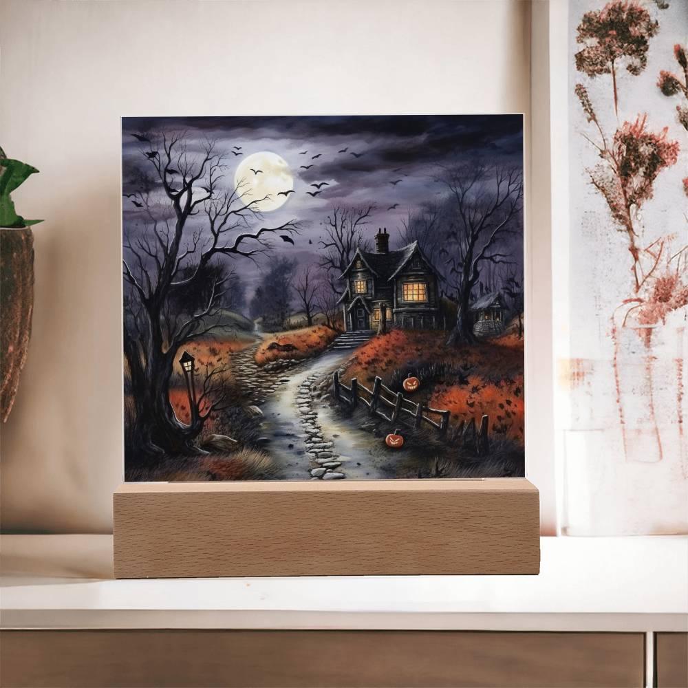 Bewitched Abode: The Ultimate Halloween Mansion Acrylic Plaque with Lighted LED Wooden Base - Mallard Moon Gift Shop