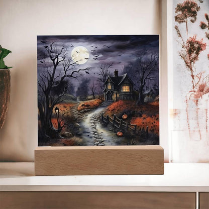 Bewitched Abode: The Ultimate Halloween Mansion Acrylic Plaque with Lighted LED Wooden Base - Mallard Moon Gift Shop