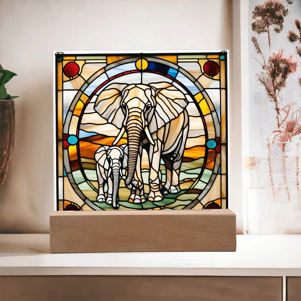 Elephant Mother and Baby Calf - Stained Glass Style LED Acrylic Plaque – A Symbol of Strength, Love, and Family