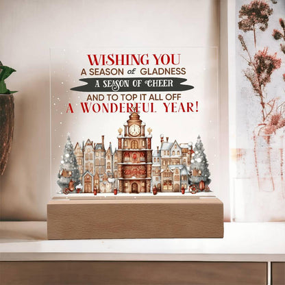Wishing You a Season of Gladness Holiday Acrylic Plaque with Lighted LED Wooden Base - Mallard Moon Gift Shop