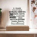 Anniversary Gift Five Years Together Acrylic Square Plaque with Lighted LED Wooden Base