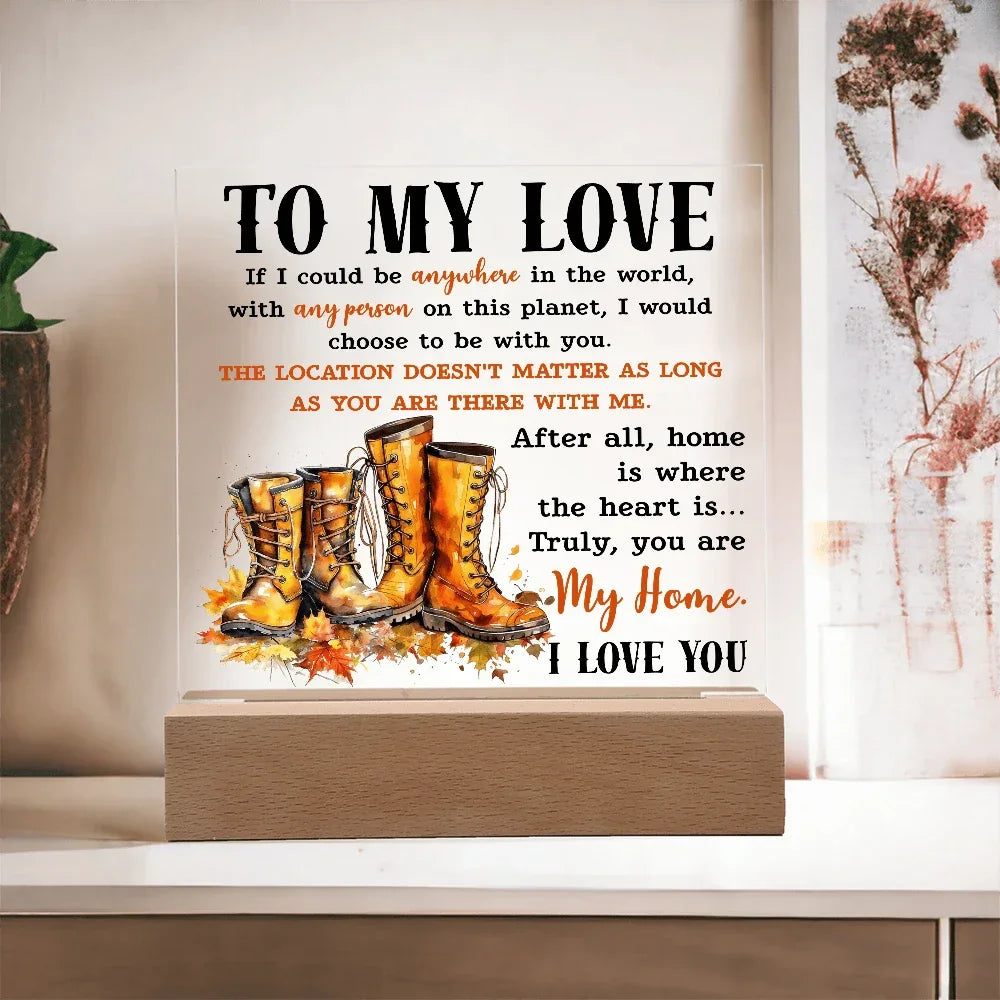To My Love Acrylic Plaque – Romantic Fall Gift for Husband, Wife, or Partner | “You Are My Home” LED Light Display