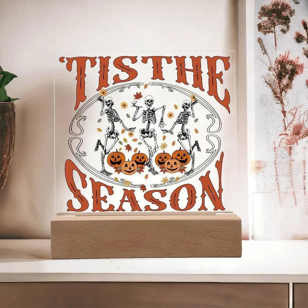 Halloween Decor - Tis The Season Acrylic Square Plaque with LED Wooden Base