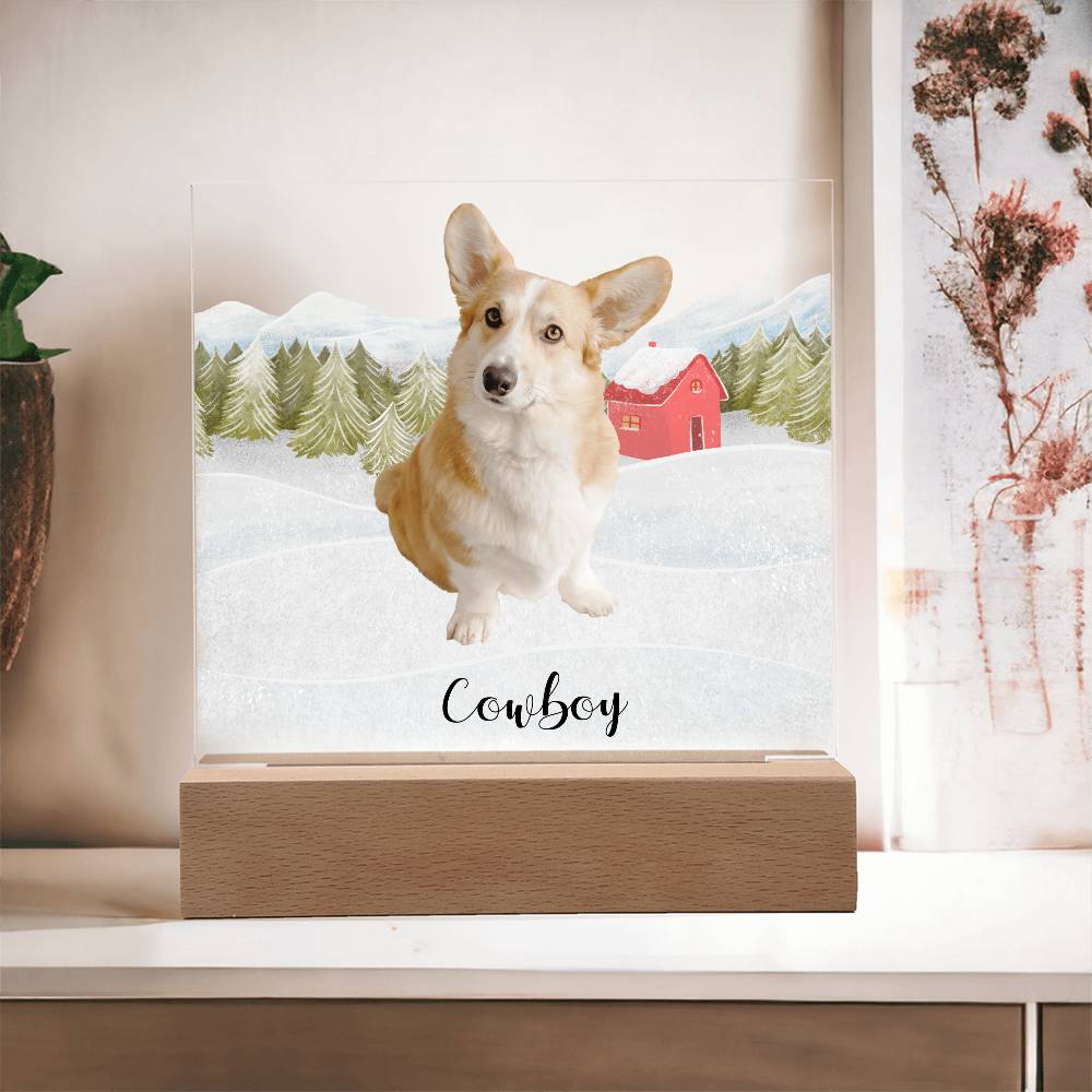 Pet Personalized Holiday Photo Upload Acrylic Plaque with Lighted LED Wooden Base - Mallard Moon Gift Shop