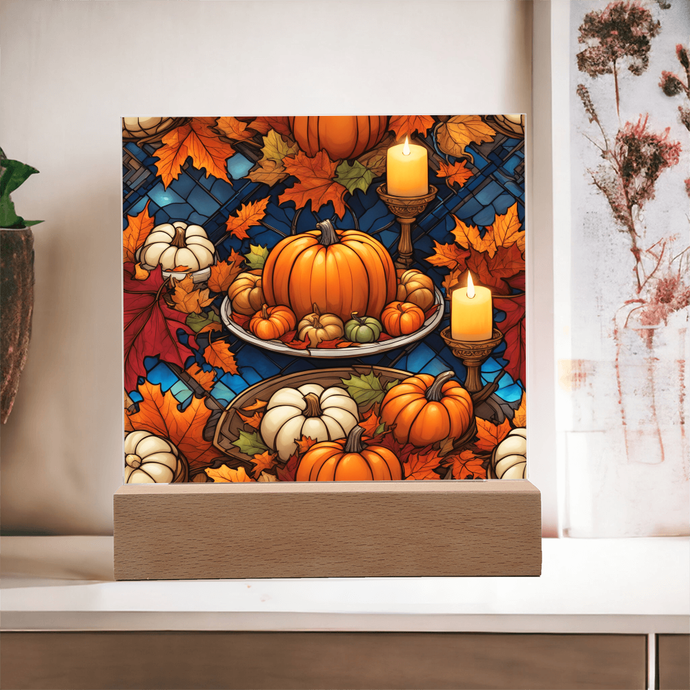 Stained Glass Pumpkin & Candle Acrylic Plaque – Thanksgiving Harvest Centerpiece | Fall Home Décor with LED Light Base