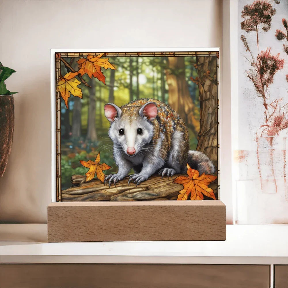 North American Opossum LED Acrylic Plaque – Autumn Forest Scene – Wooden Base (Battery or Corded)