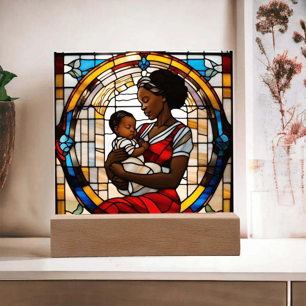 Black Mother and Baby Stained Glass Style LED Acrylic Plaque – A Powerful Tribute for New Moms and Mother's Day