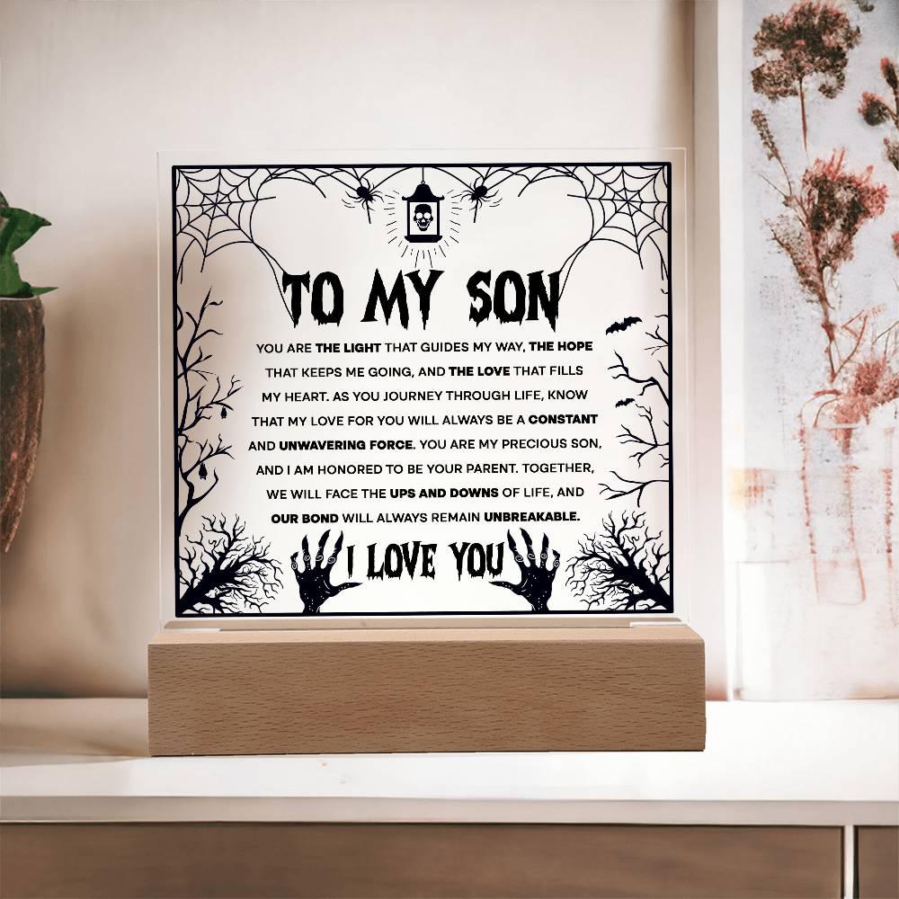 Son - Unwavering Force - Halloween Acrylic Square Plaque with LED Wooden Base - Mallard Moon Gift Shop