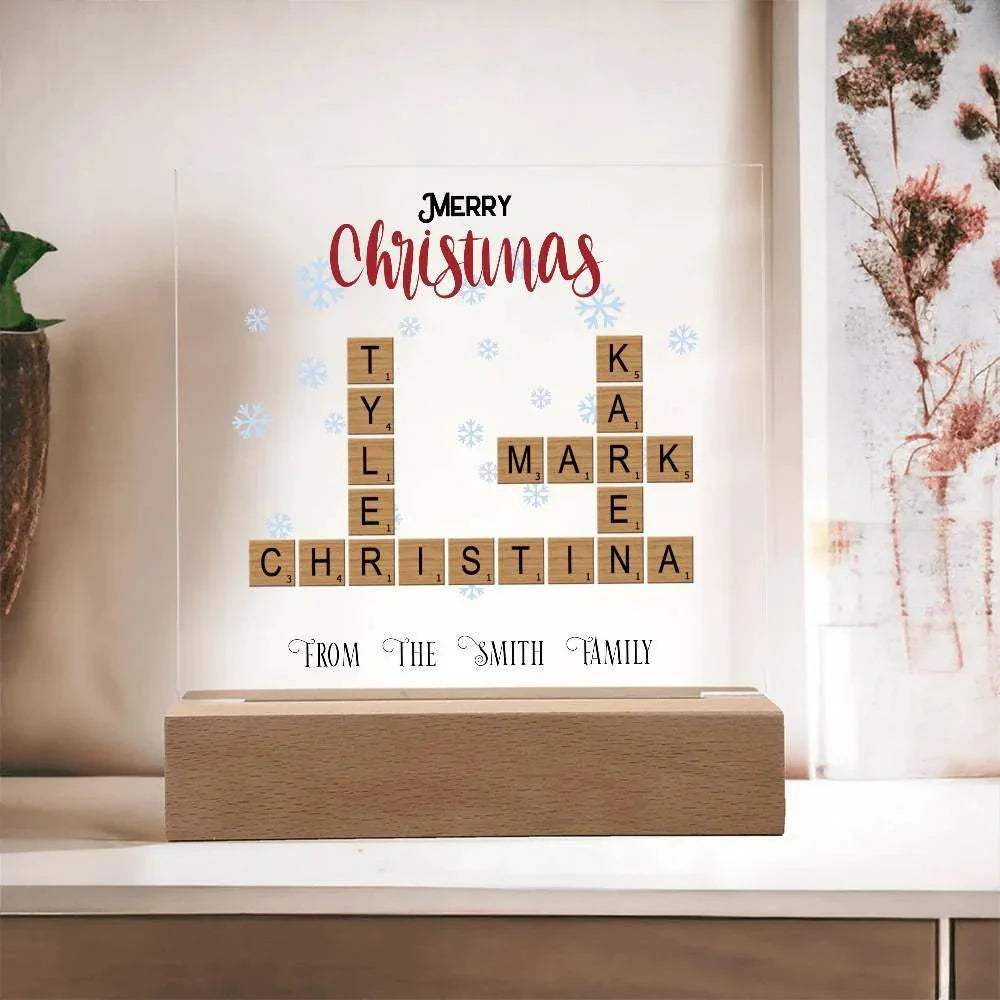 Personalized Crossword Puzzle Merry Christmas Acrylic Plaque with Lighted LED Wooden Base
