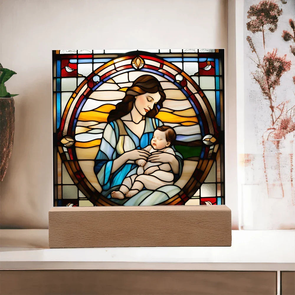 Brunette Mother and Baby - Stained Glass Style LED Acrylic Plaque – A Cherished Gift for Mother's Day or New Moms