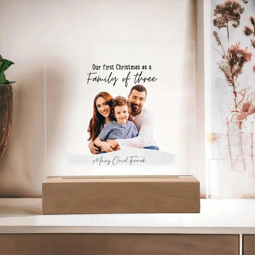 Family Acrylic Plaque – “Our First Christmas as a Family of…” | Custom Name & Family Size Light-Up Holiday Gift