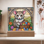 Possum LED Acrylic Plaque, Night Light – Spring Flowers & Easter Egg Basket – Wooden Base (Battery or Corded)