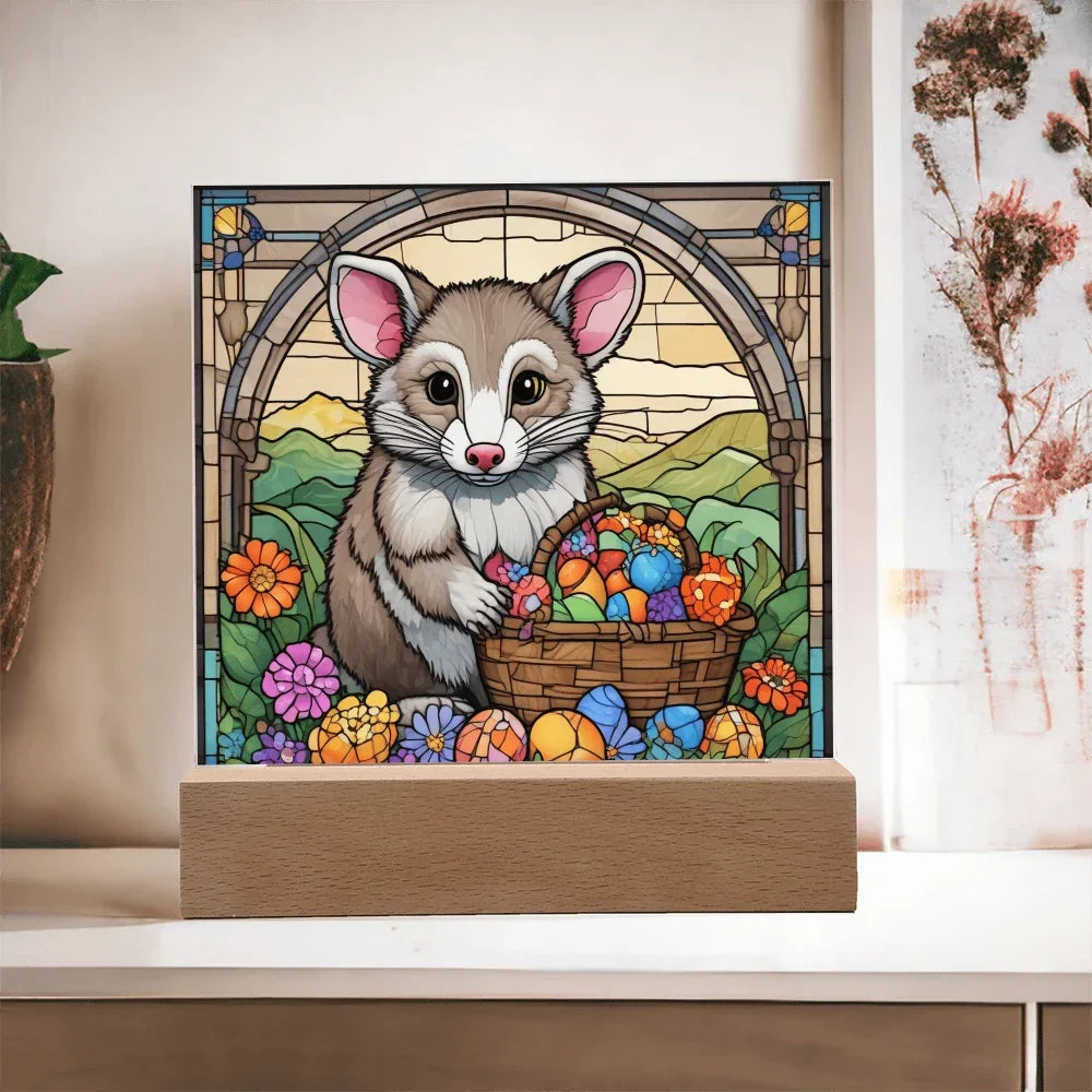 Possum LED Acrylic Plaque, Night Light – Spring Flowers & Easter Egg Basket – Wooden Base (Battery or Corded)