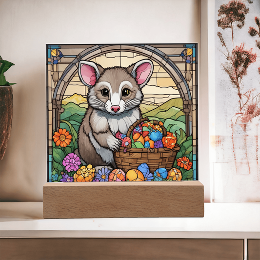 Easter Possum LED Acrylic Plaque, Night Light – Spring Flowers & Egg Basket – Wooden Base (Battery or Corded)