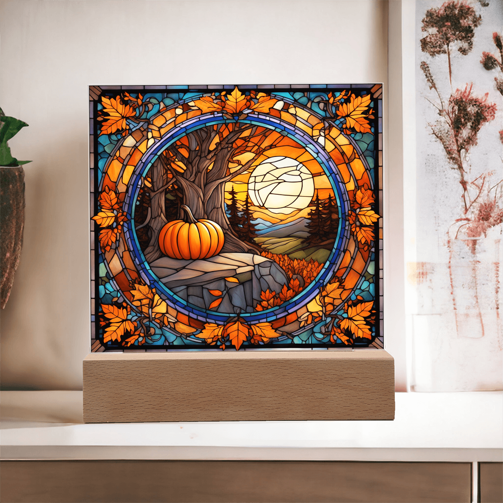 Stained Glass Autumn Pumpkin Sunset Acrylic Plaque – Fall Harvest Home Decor with LED Light Base | Thanksgiving Window Art Accent