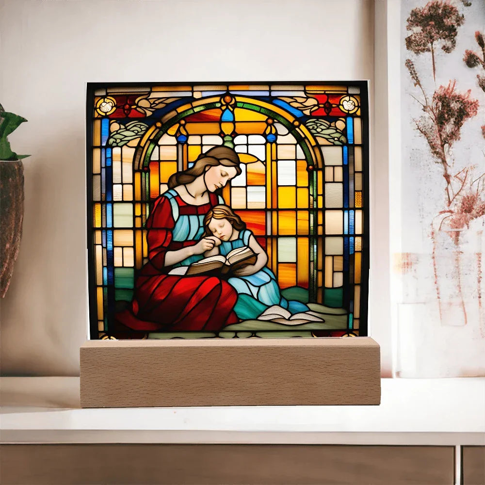 Mother and Child Reading Together Stained-Glass Style LED Acrylic Plaque – A Heartfelt Gift for Moms and Book-Loving Families