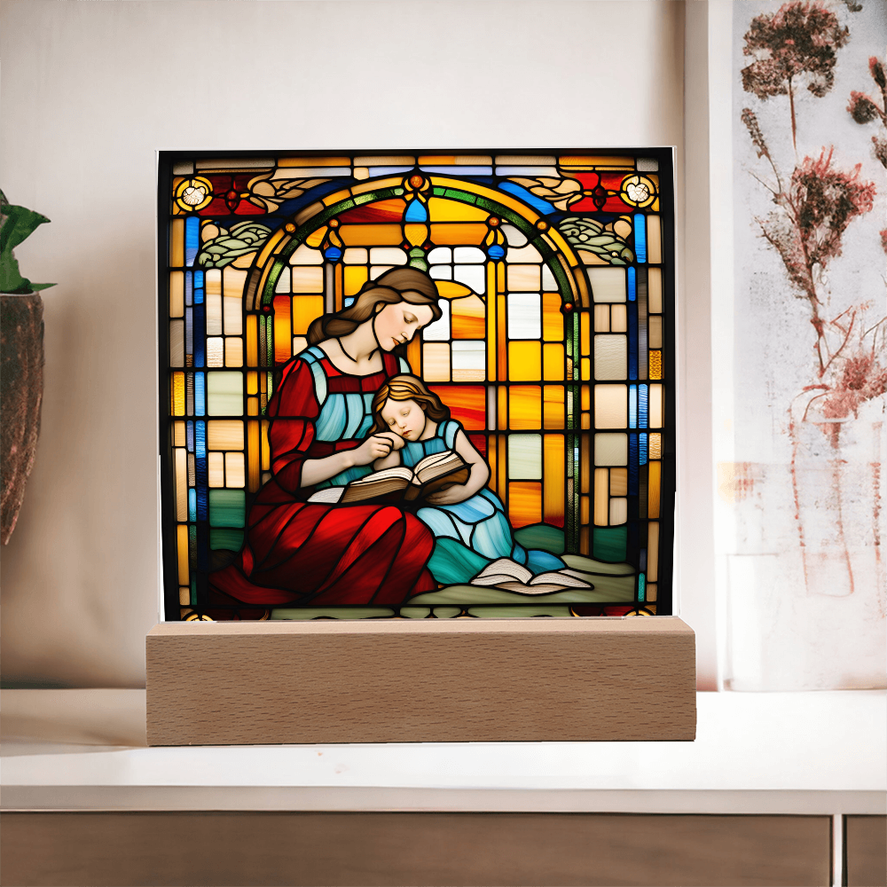 Mother and Child Reading Together Stained-Glass Style LED Acrylic Plaque – A Heartfelt Gift for Moms and Book-Loving Families - Mallard Moon Gift Shop