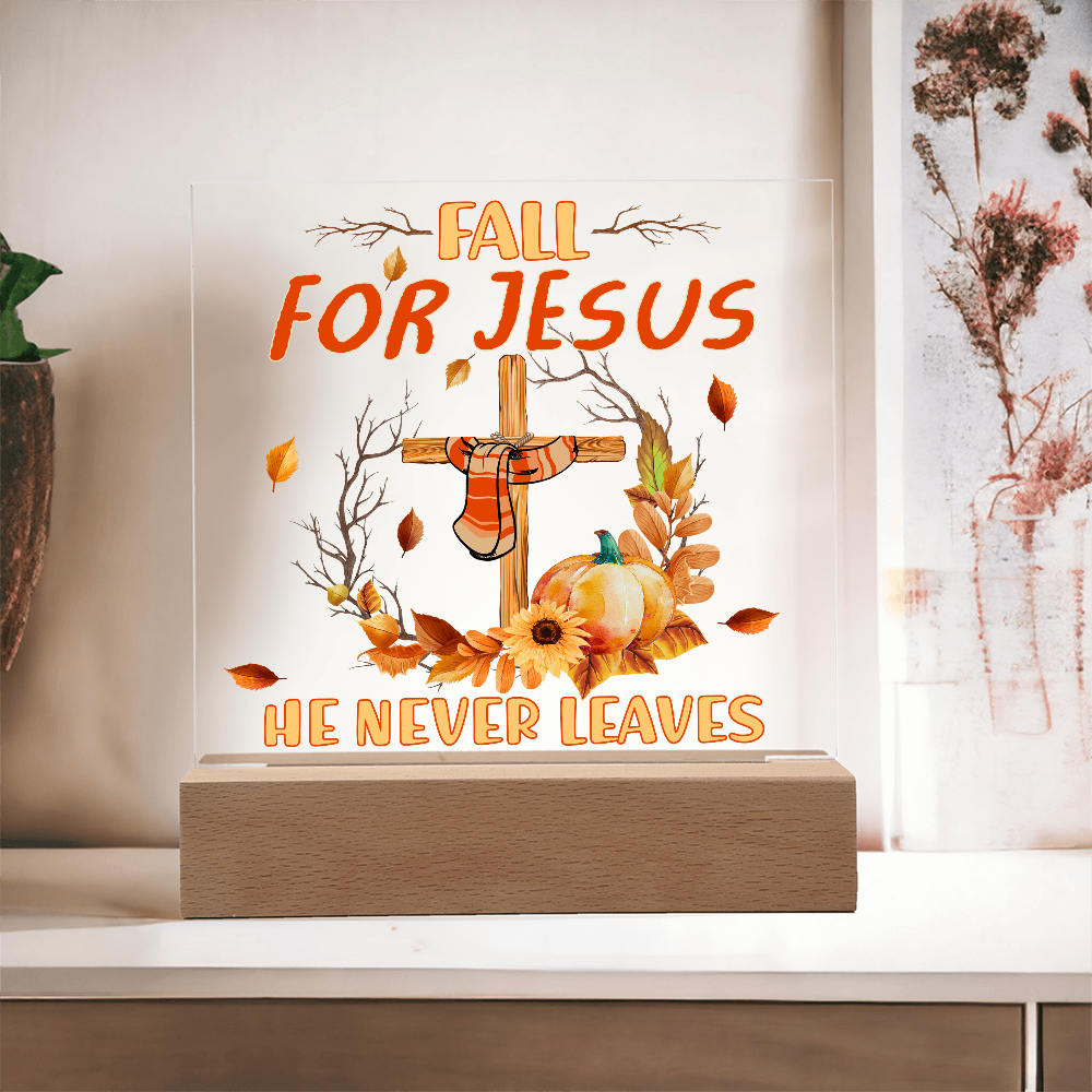 Fall for Jesus Acrylic Plaque – Christian Fall Décor with Cross and Pumpkins | Faith-Based LED Light Display Gift
