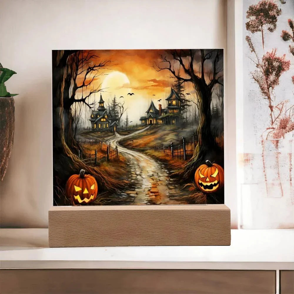 Twilight Terrace: Eerie Mansion Halloween Acrylic Plaque