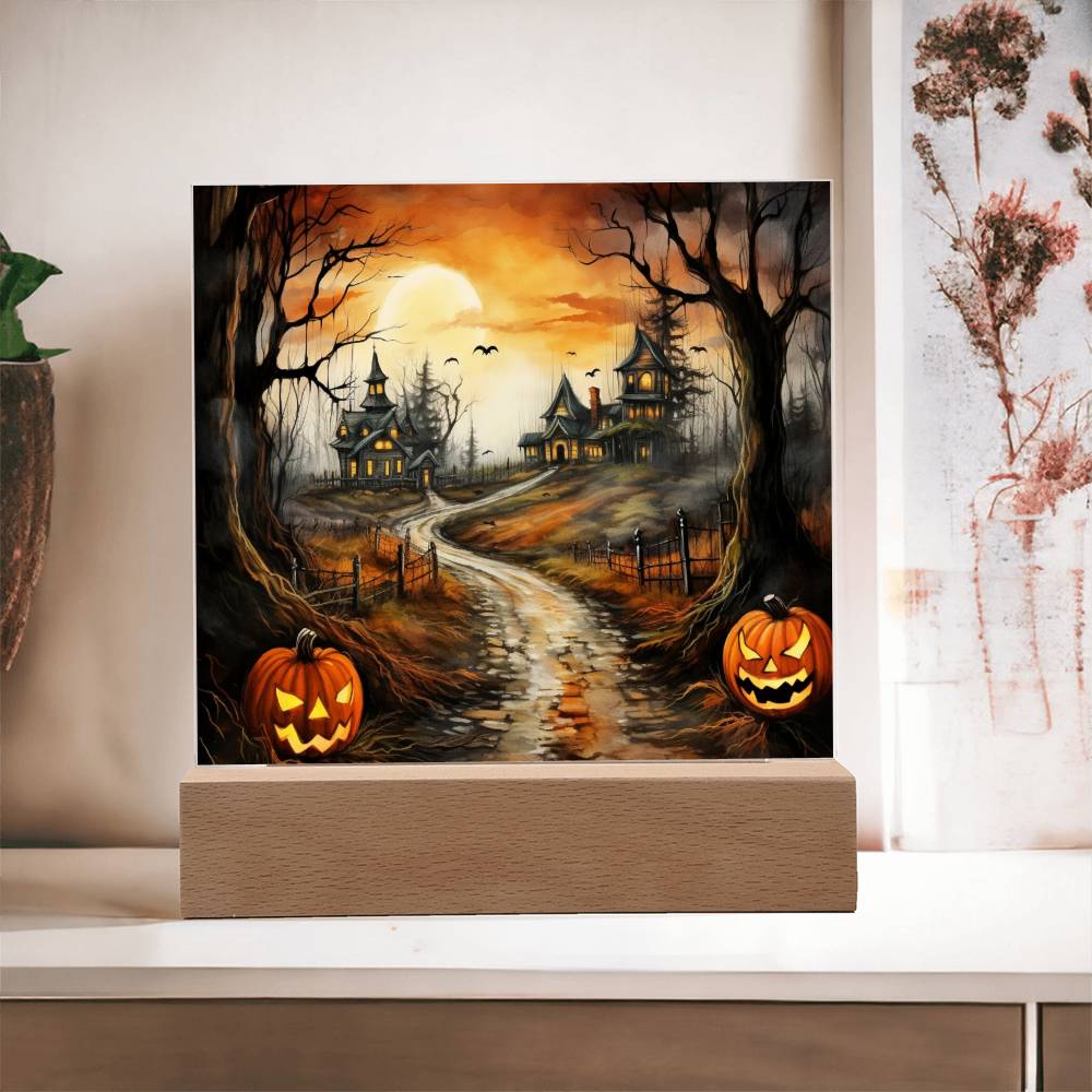 Twilight Terrace: Eerie Mansion Halloween Acrylic Plaque - Mallard Moon Gift Shop