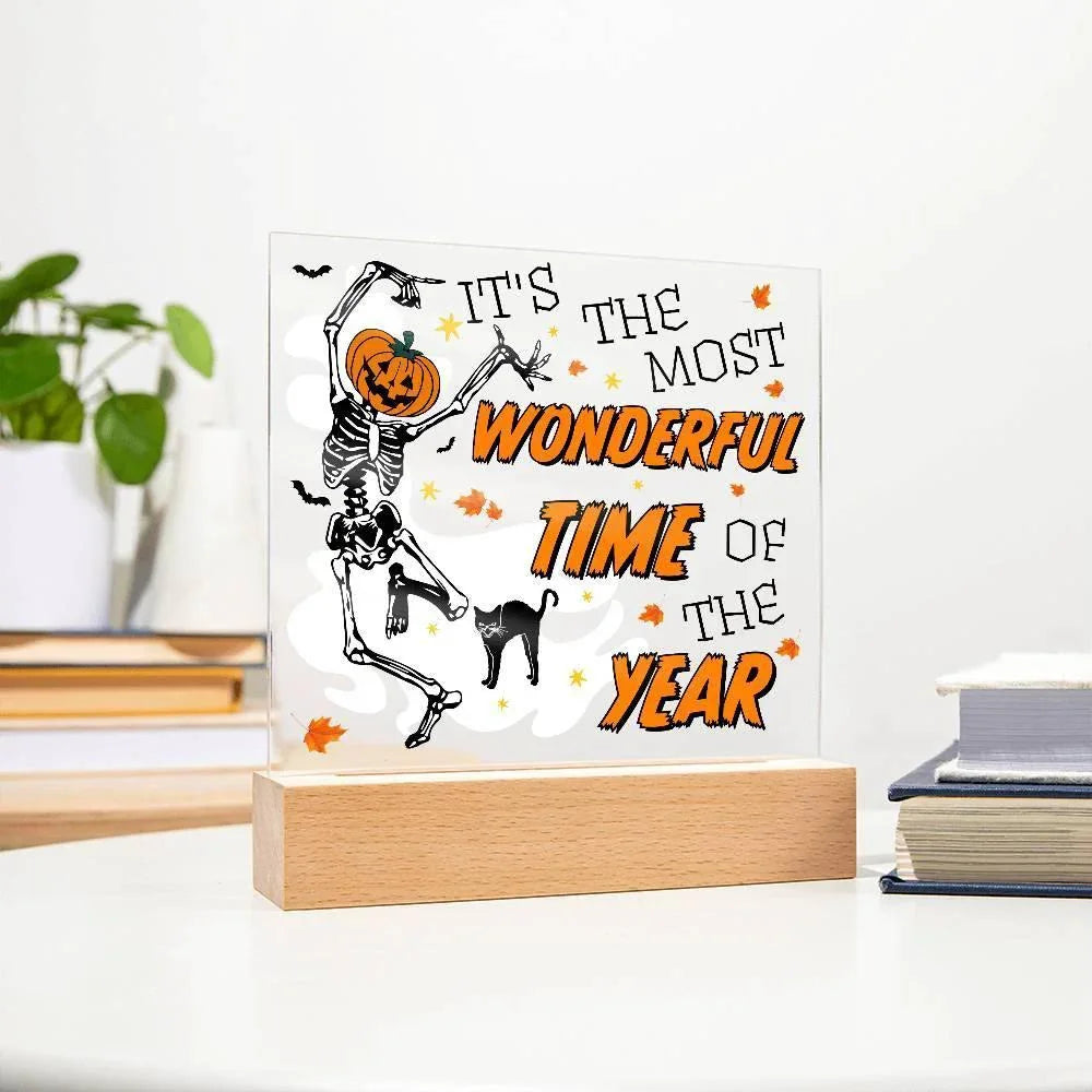 Halloween Decor - The Most Wonderful Time of the Year Acrylic Square Plaque with LED Wooden Base