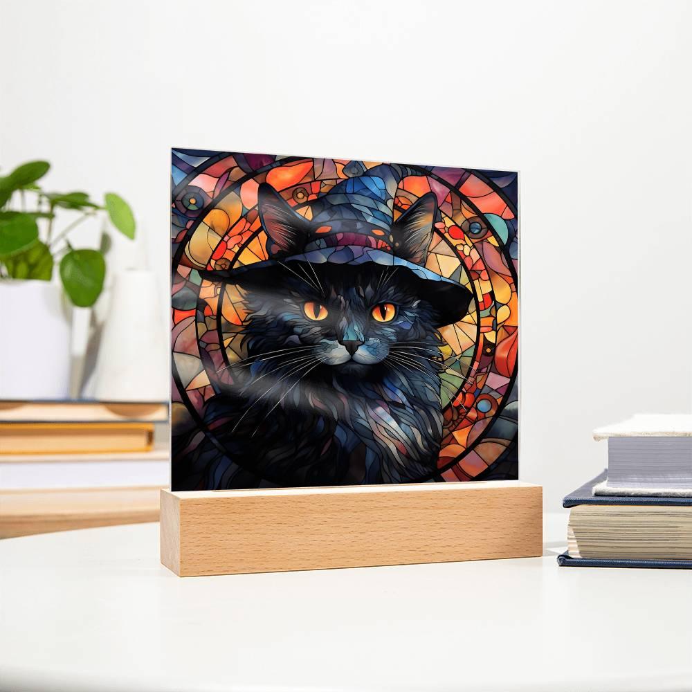 Halloween Decor - Spooky Black Cat Acrylic Square Plaque with LED Wooden Base - Mallard Moon Gift Shop
