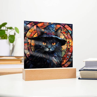 Halloween Decor - Spooky Black Cat Acrylic Square Plaque with LED Wooden Base - Mallard Moon Gift Shop