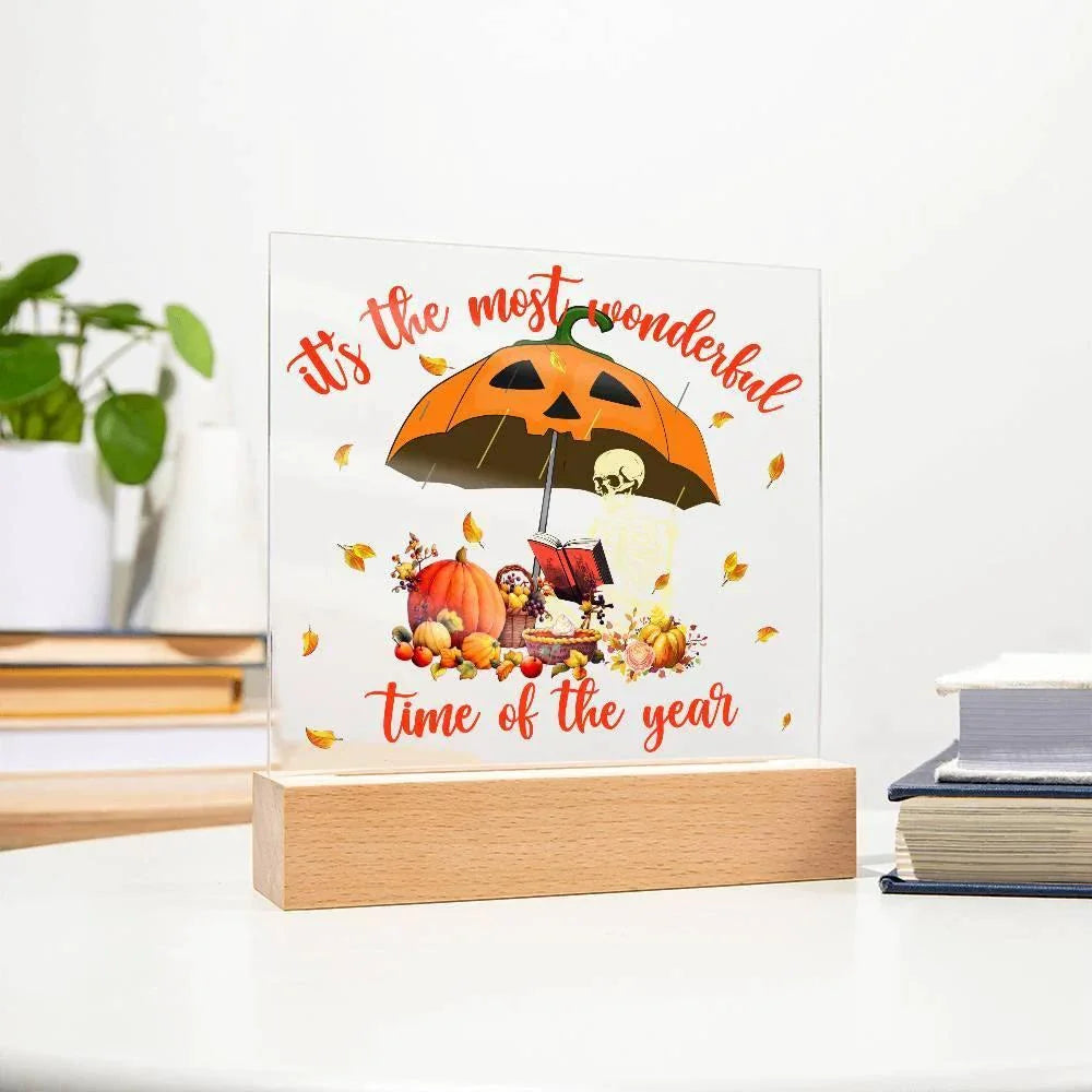 Halloween Decor - Most Wonderful Time of The Year Acrylic Square Plaque with LED Wooden Base