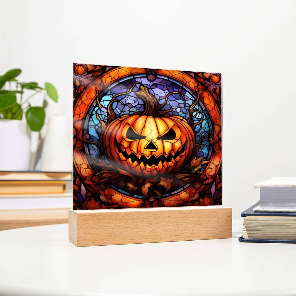 Halloween Pumpkin Stained-Glass Acrylic Square Plaque with LED Wooden Base - Mallard Moon Gift Shop