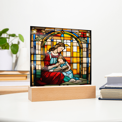 Mother and Child Reading Together Stained-Glass Style LED Acrylic Plaque – A Heartfelt Gift for Moms and Book-Loving Families - Mallard Moon Gift Shop