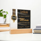 World's Greatest Mom Certificate LED Acrylic Plaque – Personalized Best Mom Award 2025 Mother's Day Gift