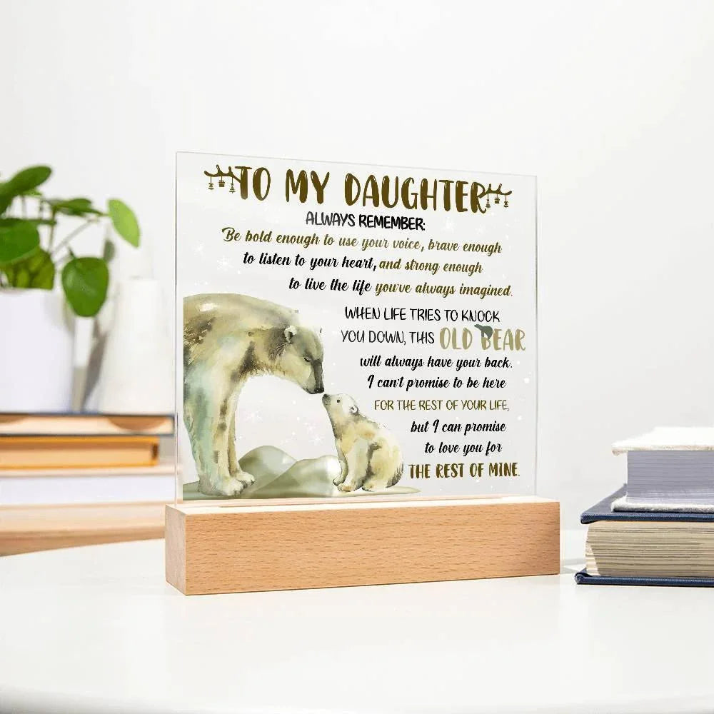 Daughter - This Old Bear Acrylic Square Plaque with LED Wooden Base