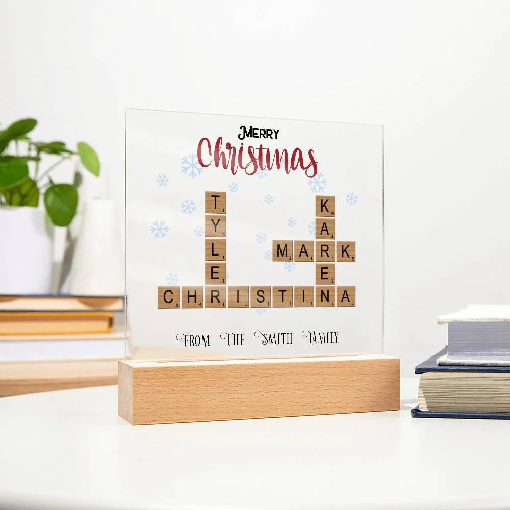 Personalized Crossword Puzzle Merry Christmas Acrylic Plaque with Lighted LED Wooden Base