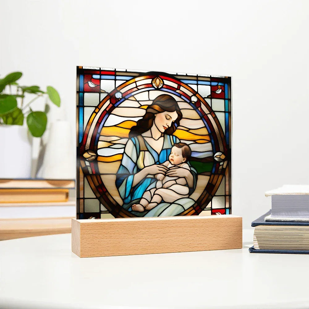 Brunette Mother and Baby - Stained Glass Style LED Acrylic Plaque – A Cherished Gift for Mother's Day or New Moms