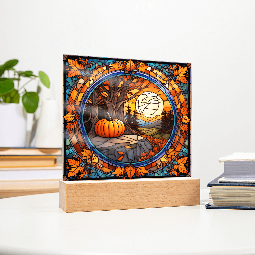 Stained Glass Autumn Pumpkin Sunset Acrylic Plaque – Fall Harvest Home Decor with LED Light Base | Thanksgiving Window Art Accent