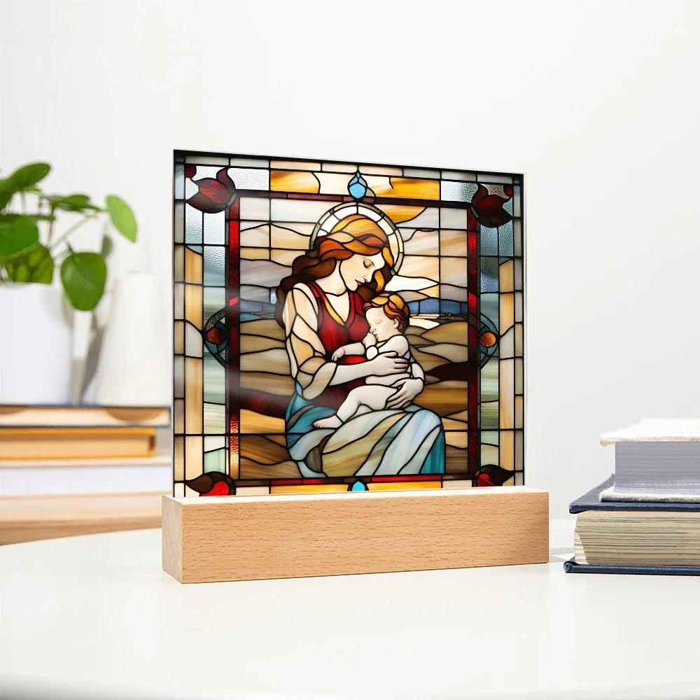 Redhead Mother and Baby - Stained Glass Style LED Acrylic Plaque – A Radiant Keepsake for New Moms and Mother's Day