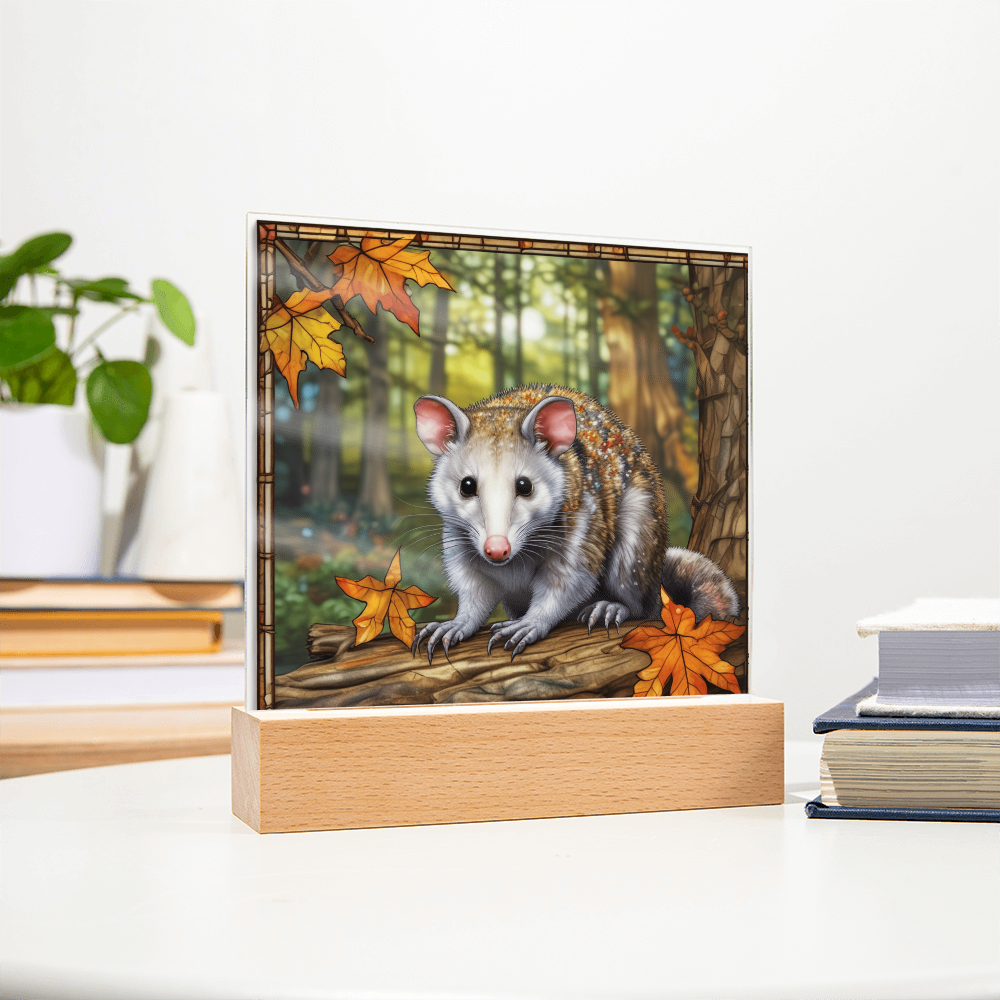 North American Opossum LED Acrylic Plaque – Autumn Forest Scene – Wooden Base (Battery or Corded) - Mallard Moon Gift Shop