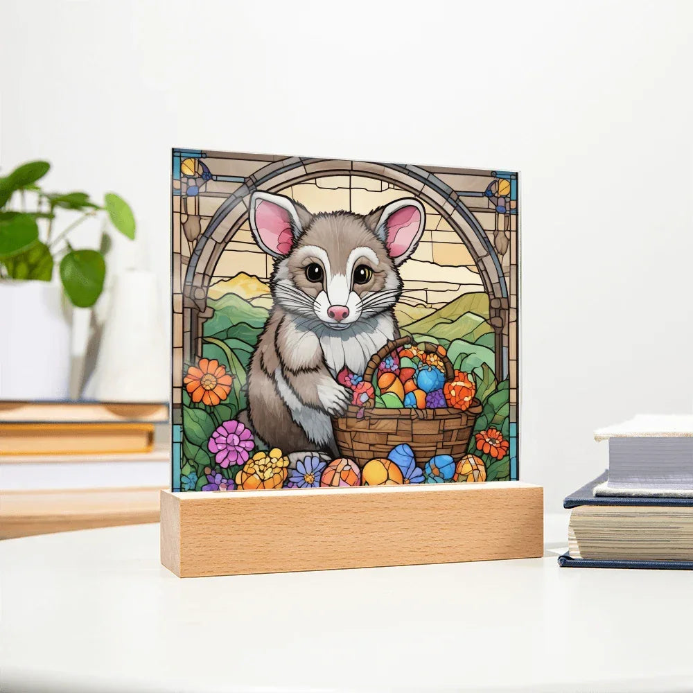 Possum LED Acrylic Plaque, Night Light – Spring Flowers & Easter Egg Basket – Wooden Base (Battery or Corded)