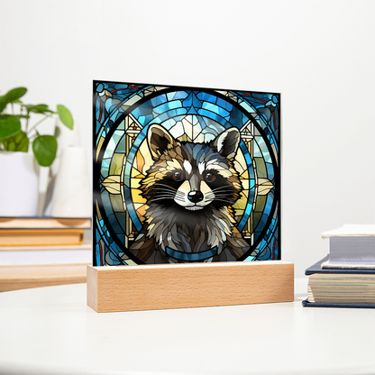 Stained Glass Raccoon Acrylic LED Light Plaque – Custom Animal Art Gift with Wooden Base - Mallard Moon Gift Shop