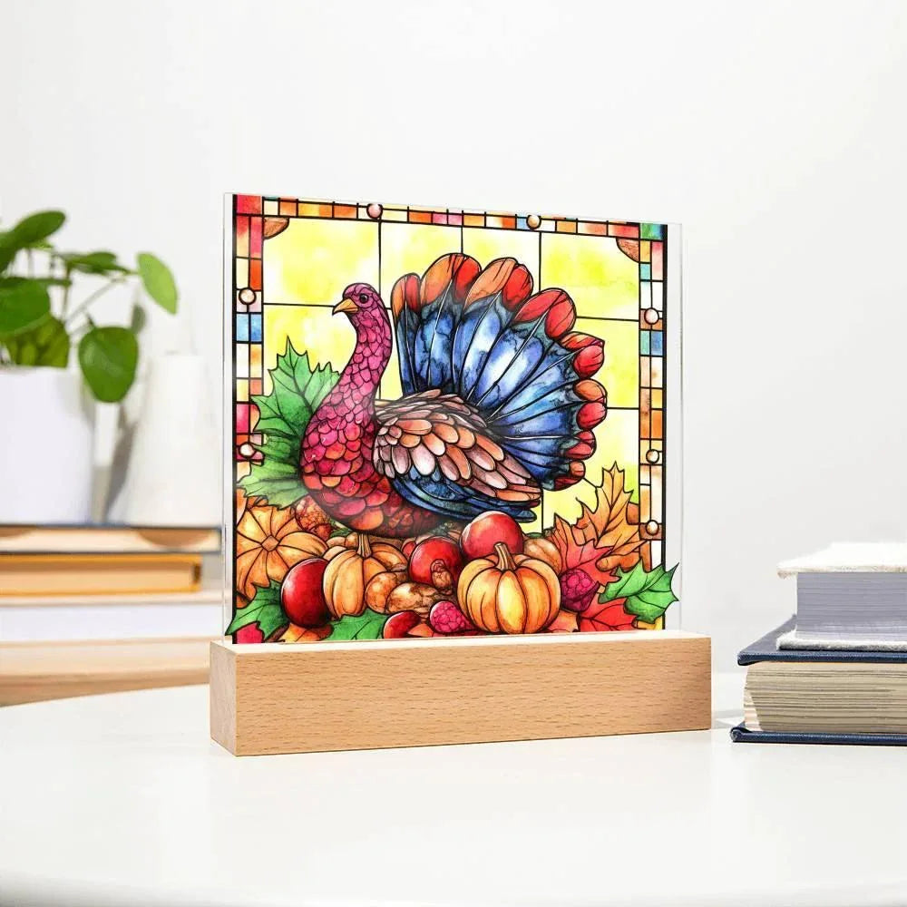 Thanksgiving Turkey Stained-glass Acrylic Square LED Lighted Wooden Base