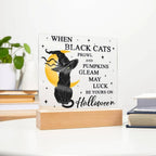 Halloween Decor - Black Cats and Pumpkins Gleam Acrylic Square Plaque with LED Wooden Base