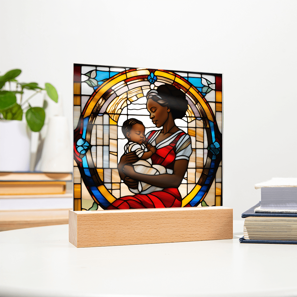 Black Mother and Baby Stained Glass Style LED Acrylic Plaque – A Powerful Tribute for New Moms and Mother's Day - Mallard Moon Gift Shop