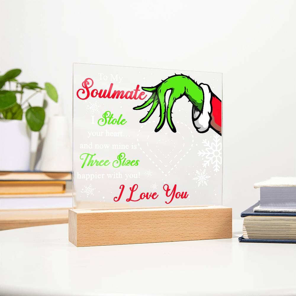 Soulmate Gift - Stole My Heart - Christmas Acrylic Plaque with Lighted LED wooden Base - Mallard Moon Gift Shop