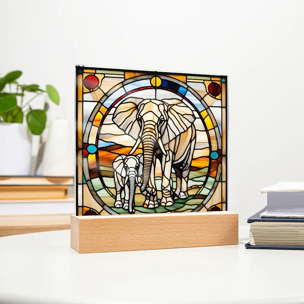 Elephant Mother and Baby Calf - Stained Glass Style LED Acrylic Plaque – A Symbol of Strength, Love, and Family