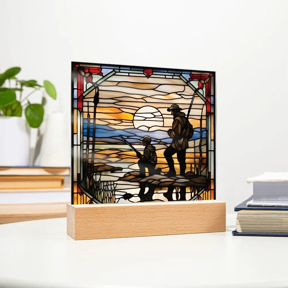 Father and Son Duck Hunting - Stained Glass Style LED Acrylic Plaque – A Meaningful Gift for Hunters and Outdoorsmen