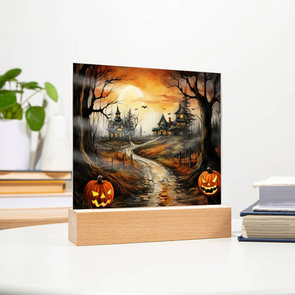 Twilight Terrace: Eerie Mansion Halloween Acrylic Plaque - Mallard Moon Gift Shop