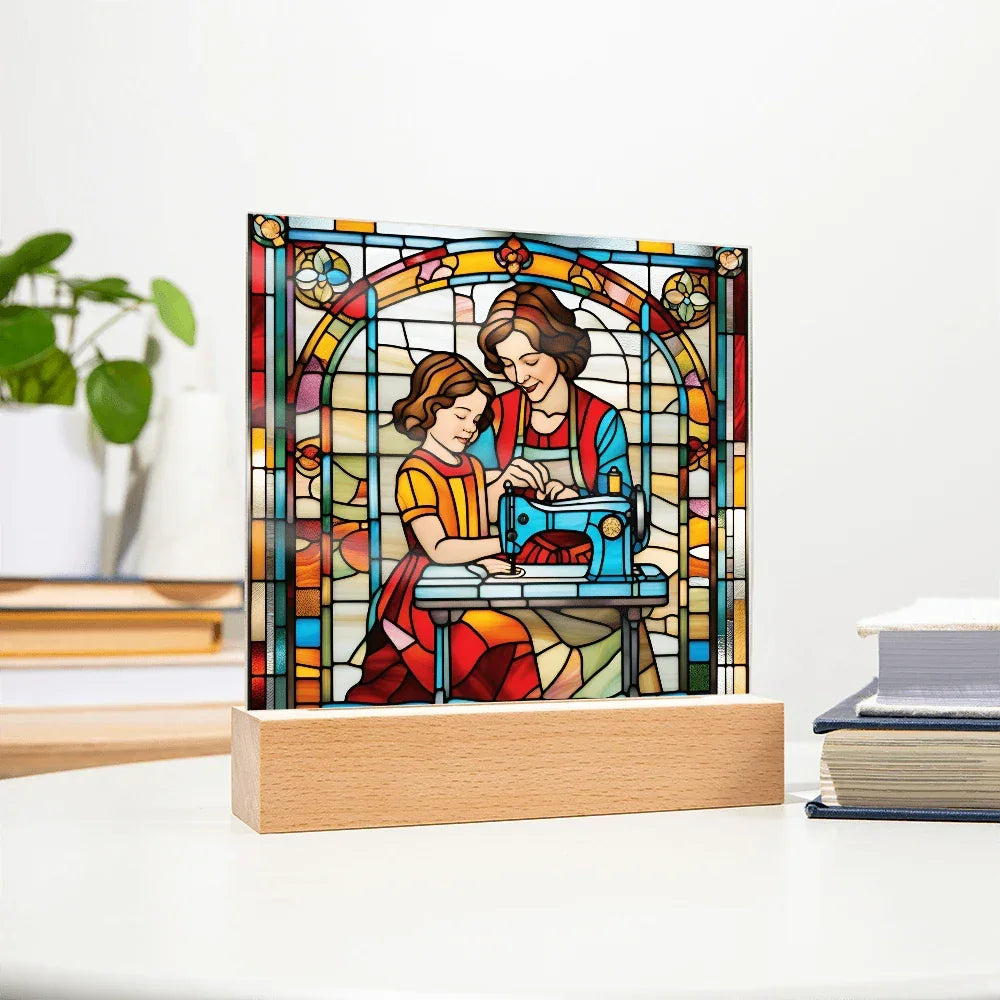 Sewing Together - Stained Glass Style LED Acrylic Plaque – A Heartfelt Gift for Quilters, Crafters, and Mothers